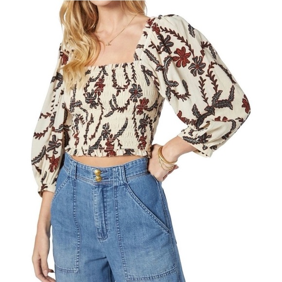 Joie Cream and Brown Floral Smocked Blouse - Picture 1 of 10